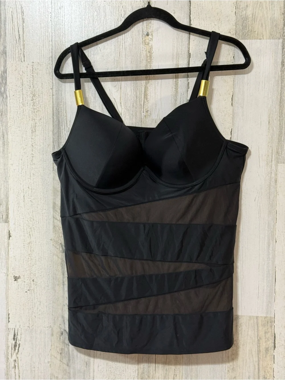 Cacique Black Sheer-Stripe Bustier Tank with Gold Accents